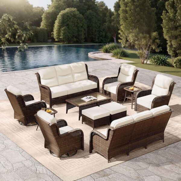 7a1fdfb016164efb8b692c992ab4deb7 Outdoor Swivel Rocker Patio Chairs with 6-Inch Thick Cushions and Side Table, 3PCS High Back Wicker Patio Furniture Set for Porch, Balcony, Deck and Yard in Blue