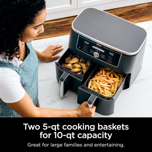 7a259867c64f420ca69433cf7b247fd2 DZ401 Foodi 10 Quart 6-in-1 DualZone XL 2-Basket Air Fryer with 2 Independent Frying Baskets, Match Cook & Smart Finish to Roast, Broil, Dehydrate for Quick, Easy Family-Sized Meals, Grey