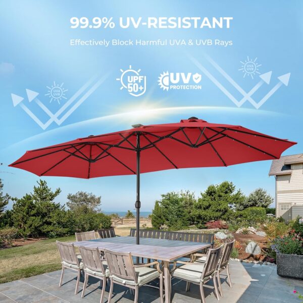 7b082c38a3b846b99101d731b1d82386 Double Sided Patio Umbrellas - 15ft Solar Lights LED Lighted Outdoor Extra Large Market Table Umbrella with Base Included, Oversized Umbrella for Deck, Pool, Backyard (Beige)