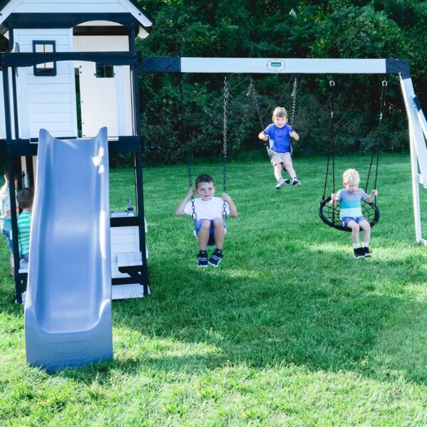 7b50b881dbe84ed48bb661463567cd52 Backyard Discovery Canyon Creek Cedar Wood Swing Set with Wave Slide, Clubhouse, Play Kitchen, Picnic Area, Belt Swings, Web Swing, Rock Wall, Balconies, Playhouse, Step Ladder, Outdoor Playset