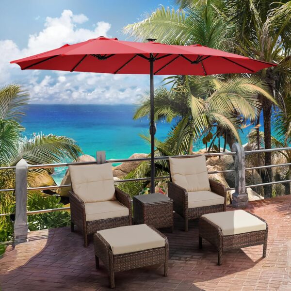 7b765356230c4d46bc256d53e3c4e686 15 ft Large Patio Umbrella with Solar Lights Double-Sided Outdoor Rectangle Market Umbrellas with 36 LED Lights/Base Included/Easy Crank for Patio Garden Yard Pool Lawn, Brown