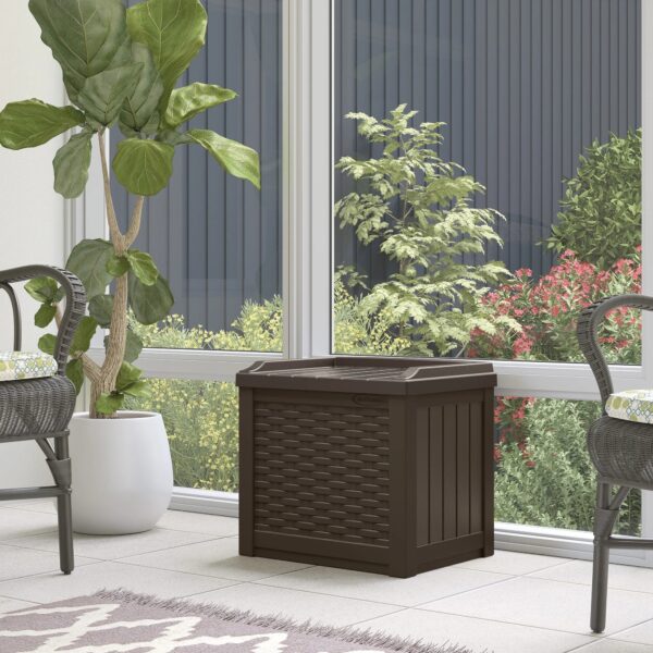 Suncast 22 Gallon Outdoor Resin Wicker Deck Storage Box with Seat, Java Brown