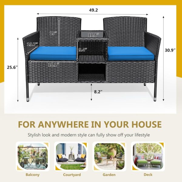 7c51b0bcbae34fb78e416d25c3349fd6 Outdoor Furniture Patio Loveseat Wicker 2-Seat with Built-in Table and Cushions Rattan Porch Chairs Bench for Balcony, Lawn, Backyard (Beige)
