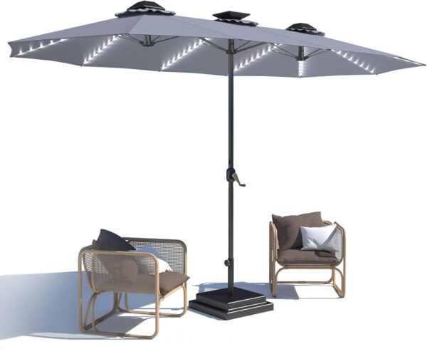 7cd0020b01bc4eab9b70df8093d3d622 15ft Patio Umbrella with Solar Lights, Large Double Umbrella Outdoor, Rectangle 180''x106'' Umbrellas with 156 PCS LED Lights and Crank Handle for Backyard Deck Pool Shade in Black(1.9" Pole)