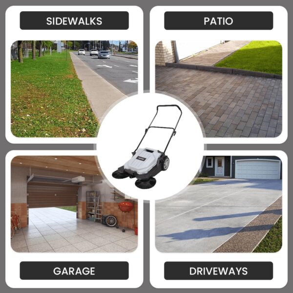 7d47ddaec84e4445b6d1beea74989c0f Walk-Behind Outdoor Hand Push Floor Sweeper - 5.25 Gallon Capacity - 25.5" Sweeping Width - Sweeps up to 27,900 ft² / Hour, Grey