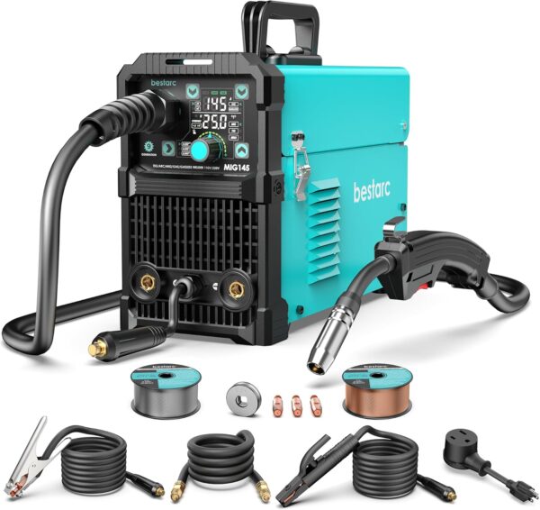 7d557c5481904b69bbe572f1eb52f9ea 145A MIG Welder, 110V/220V Dual Voltage Gas/Gasless Flux Core MIG Welder/Lift TIG/Stick 3 in 1 Synergic MIG145 9GEN Welding Machine, Flux/Solid Welder Digital Screen Display