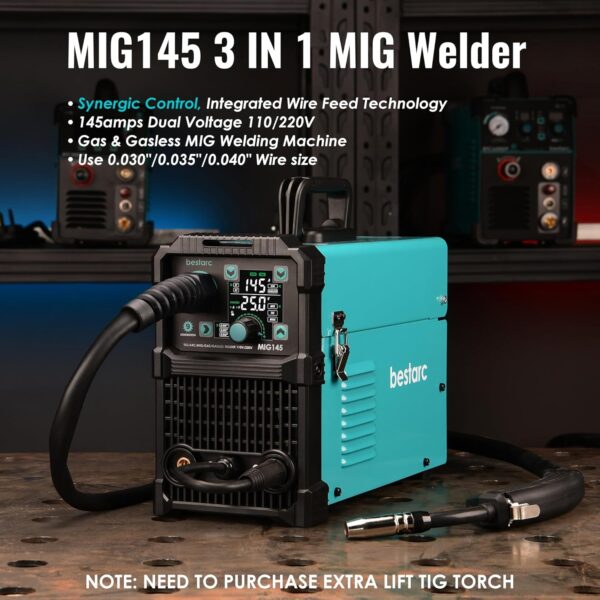 7dacc822bb14410ca8f2b73536afda6f 145A MIG Welder, 110V/220V Dual Voltage Gas/Gasless Flux Core MIG Welder/Lift TIG/Stick 3 in 1 Synergic MIG145 9GEN Welding Machine, Flux/Solid Welder Digital Screen Display