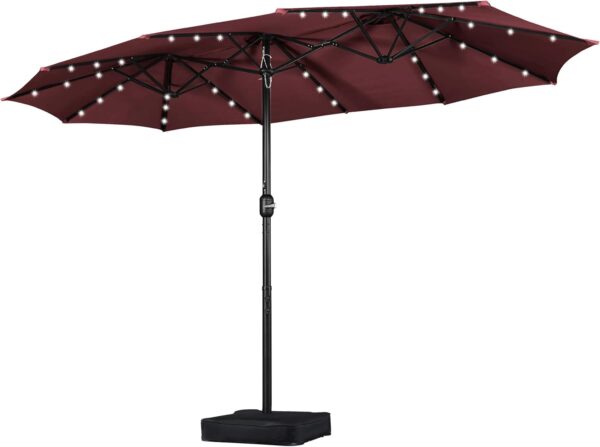 7e24e0cf0eed49679f7c7ccb86a80e34 15 ft Large Patio Umbrella with Solar Lights Double-Sided Outdoor Rectangle Market Umbrellas with 36 LED Lights/Base Included/Easy Crank for Patio Garden Yard Pool Lawn, Brown