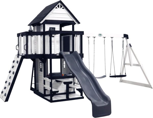 7e25e45f0c334aada772a0c71b210b49 Backyard Discovery Canyon Creek Cedar Wood Swing Set with Wave Slide, Clubhouse, Play Kitchen, Picnic Area, Belt Swings, Web Swing, Rock Wall, Balconies, Playhouse, Step Ladder, Outdoor Playset