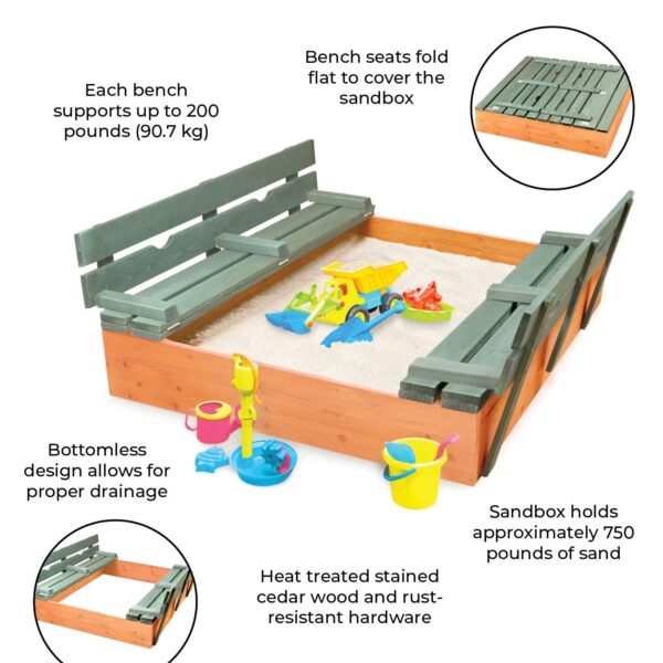 Badger Basket Covered Convertible Cedar Sandbox with Two Bench Seats - Natural/Green
