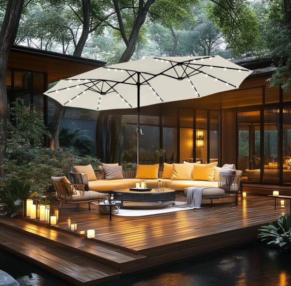 7e9a2dd7d5d7467989484cf86ffb6bc3 15ft Double Sided Patio Umbrella with Solar Lights, Outdoor Large Umbrellas with Crank Handle and 36 LED Lights, Rectangular Market Umbrella with Base Included for Deck Pool Shade