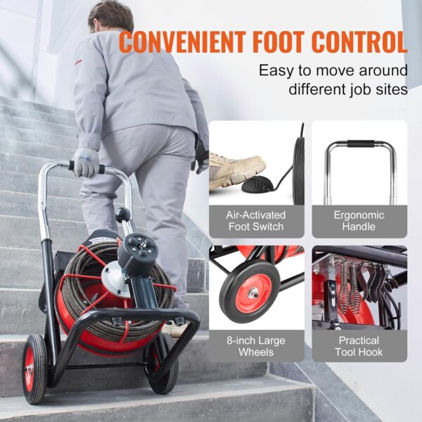 7eb5a5ab993e459092ac5988cf33d845 VEVOR Drain Cleaner Machine 100FT x 1/2 Inch, Auto Feed Sewer Snake Auger on Wheels, 550W Portable Drain Cleaning Machine with 8 Cutters & Air-activated Foot Switch for 2" to 4" Pipes