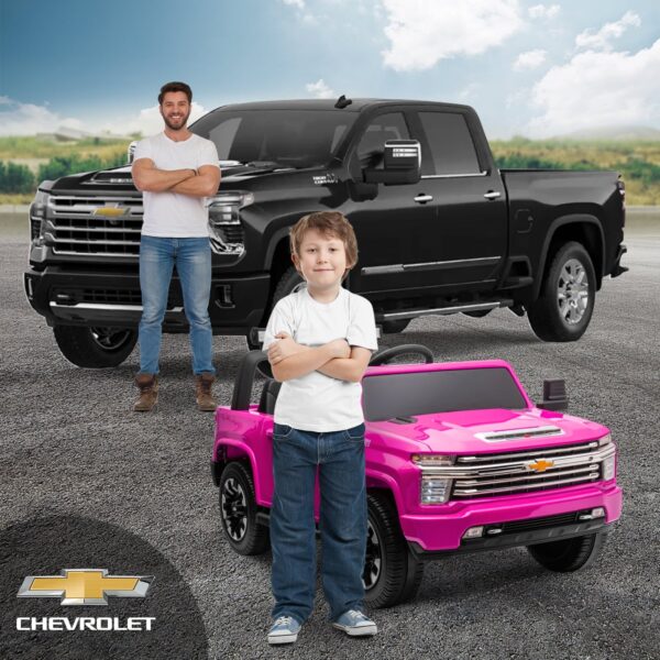 Track 7 24V Ride on Car, Licensed Silverado HD 2 Seater Electric Car for Boys Girls Age 3+, 24V Ride on Truck w/Remote Control, Music, ABC, Pink