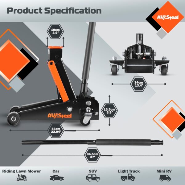3 Ton Heavy Duty Hydraulic Floor Jack for Car (6600 lbs) With Single Piston Pump, Quick Lift, Lifting Range 5.5'' to 18.5''