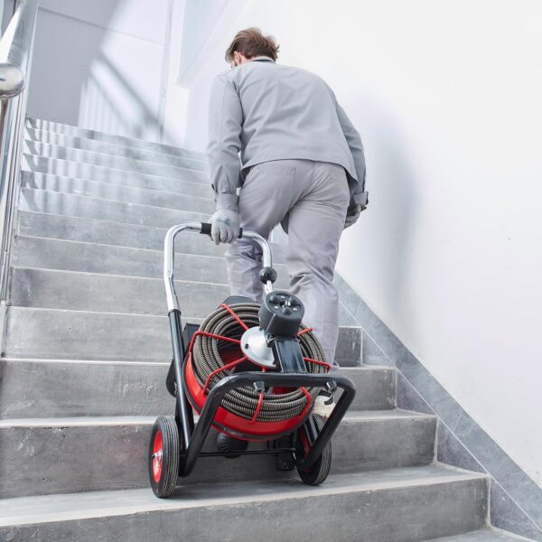 7f7134d9d3a54d93bb786e04b6cb82cd VEVOR Drain Cleaner Machine 100FT x 1/2 Inch, Auto Feed Sewer Snake Auger on Wheels, 550W Portable Drain Cleaning Machine with 8 Cutters & Air-activated Foot Switch for 2" to 4" Pipes