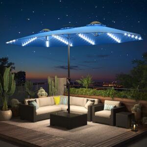 15ft Patio Umbrella with Solar Lights, Large Double Umbrella Outdoor, Rectangle 180''x106'' Umbrellas with 156 PCS LED Lights and Crank Handle for Backyard Deck Pool Shade in Black(1.9" Pole)