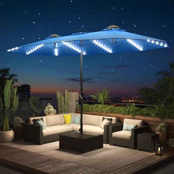 7f76488459fd4d62af2f7cd570a34ed3 15ft Patio Umbrella with Solar Lights, Large Double Umbrella Outdoor, Rectangle 180''x106'' Umbrellas with 156 PCS LED Lights and Crank Handle for Backyard Deck Pool Shade in Black(1.9" Pole)