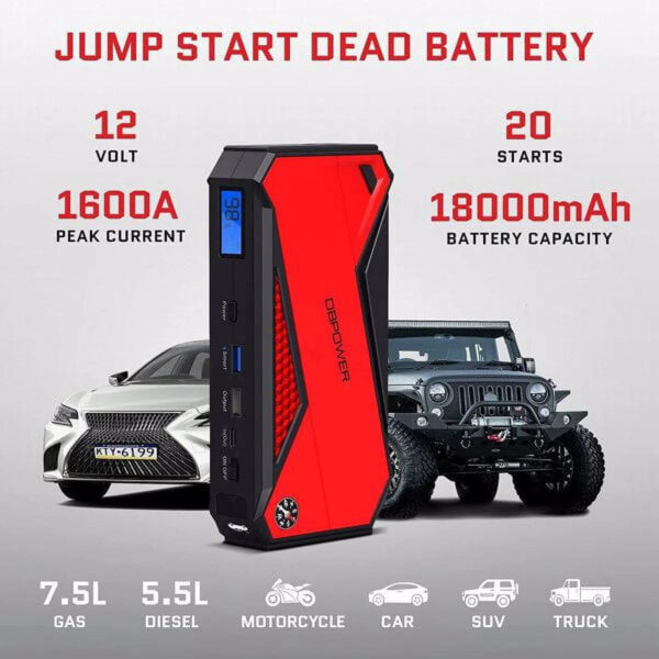 7faea97f23f84fc6ac573a7b573fca22 Peak 1600A 18000mAh Car Battery Jump Starter, up to 7.2 Gas, 5.5L Diesel Engines, Portable Battery Booster with Smart Charging Port, LCD Display, Intelligent Jumper Clamps, DJS90, Red Black