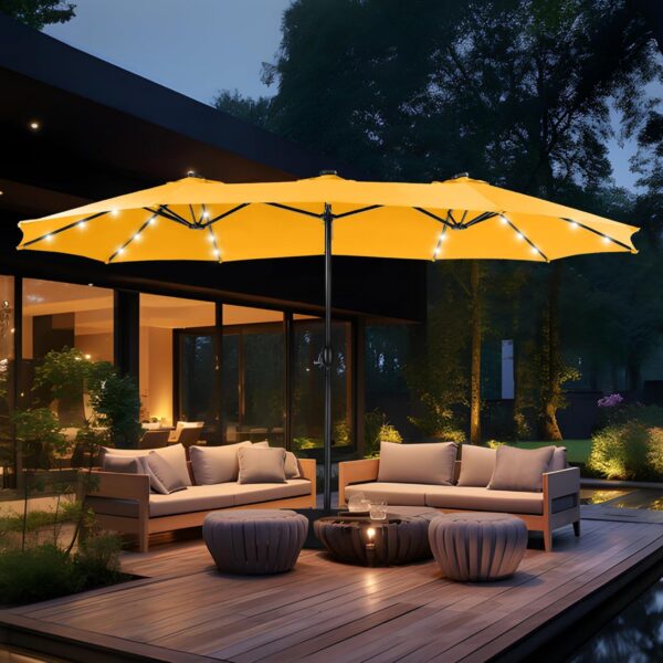 8004721b85dd460e84ed4d546be895c1 15ft Double Sided Patio Umbrella with Solar Lights, Outdoor Large Umbrellas with Crank Handle and 36 LED Lights, Rectangular Market Umbrella with Base Included for Deck Pool Shade