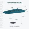 Double Sided Patio Umbrellas - 15ft Solar Lights LED Lighted Outdoor Extra Large Market Table Umbrella with Base Included, Oversized Umbrella for Deck, Pool, Backyard (Beige)