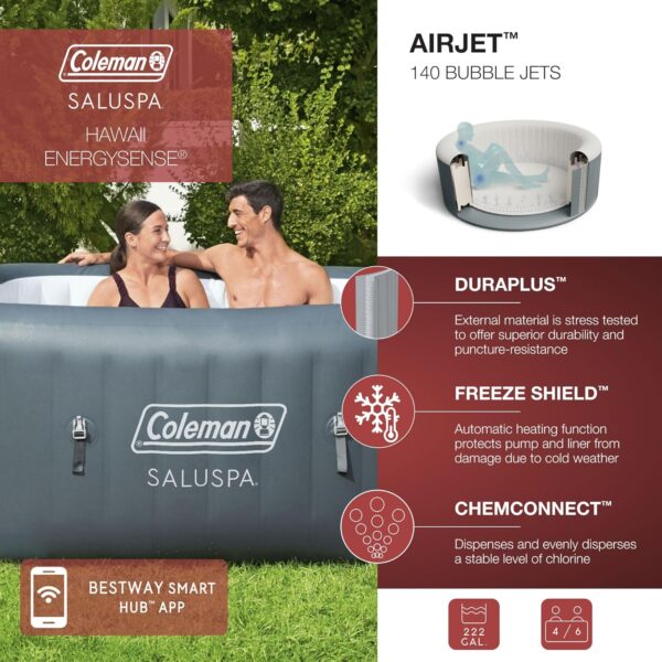 806a9886c4cd4f958d2dd5895a462144 4 to 6 Person Inflatable Hot Tub Square Portable Outdoor Spa with 114 Soothing AirJets and Insulated Cover, Gray-Coleman