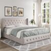 Queen Size Lift Up Storage Bed, Modern Wingback Headboard, Hydraulic Support, No Box Spring Needed, Light Beige