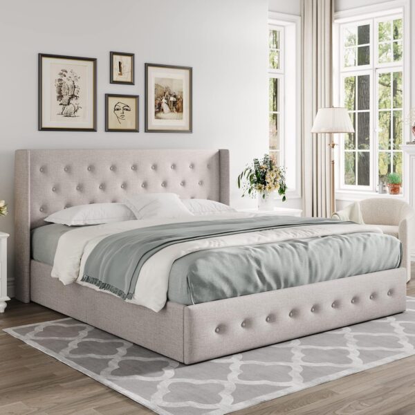 813a386748d9455a9b76c67ae90389d0 Queen Size Lift Up Storage Bed, Modern Wingback Headboard, Hydraulic Support, No Box Spring Needed, Light Beige
