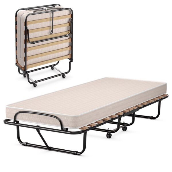 Costway Portable Folding Bed with Memory Foam Mattress Rollaway Cot Beige Made in Italy