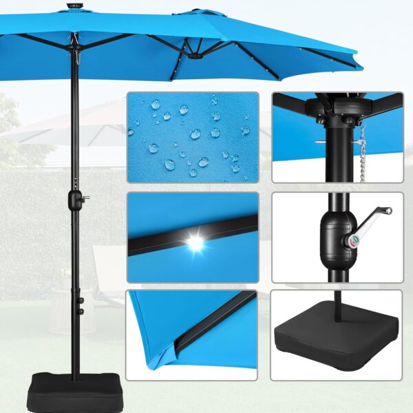 820fe65b2b564838838e73e5069fc2ac 15 ft Large Patio Umbrella with Solar Lights Double-Sided Outdoor Rectangle Market Umbrellas with 36 LED Lights/Base Included/Easy Crank for Patio Garden Yard Pool Lawn, Brown