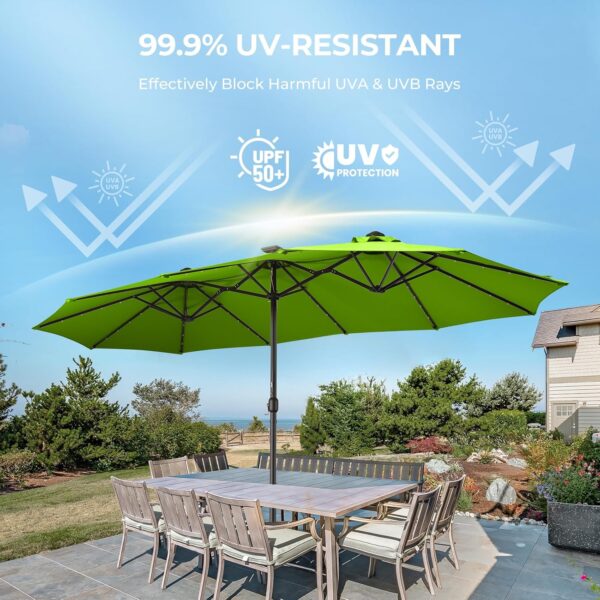 821df986fcba48e3b5974e5c6c20abca Double Sided Patio Umbrellas - 15ft Solar Lights LED Lighted Outdoor Extra Large Market Table Umbrella with Base Included, Oversized Umbrella for Deck, Pool, Backyard (Beige)
