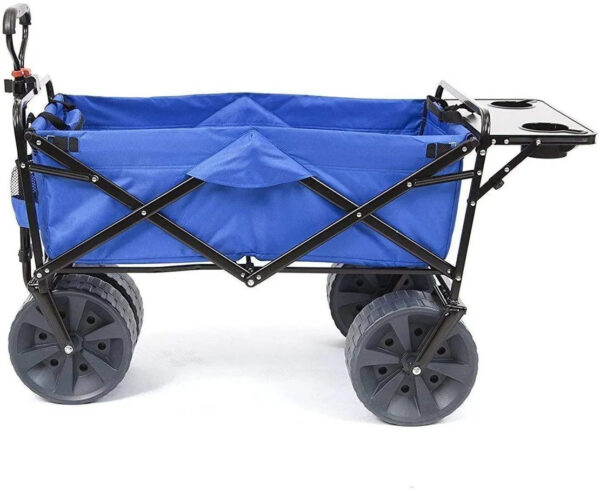 8255dfcd51fc45cd93dcc62945d4bc19 All Terrain Beach Wagon with Side Table|Heavy Duty Collapsible Folding Cart with Large Wheels for Beach Day, Picnic, Camping, Outdoor Activities | Blue/White