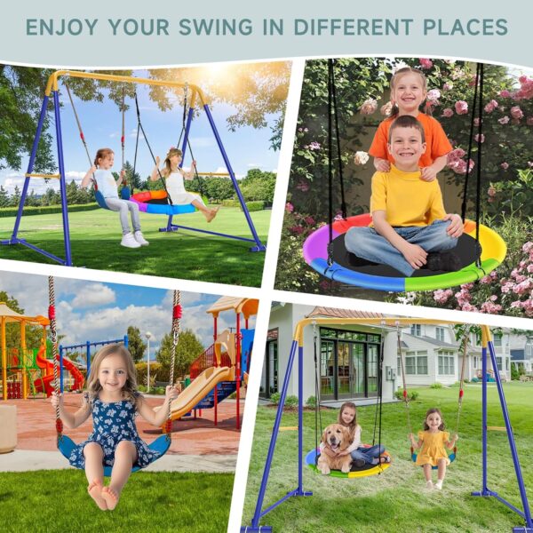 8289d7c0170a4c65ba187f1892d2dfb6 Swing Sets for Backyard, Toddler Swing Set with 2 Seat 1 Saucer & 1 Belt Seat, 440lbs Heavy-Duty Swing Frame w/8 Ground Stakes, A Frame Outdoor Swingset for Kids and Adults for Backyard