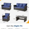 Wisteria Lane 4 Piece Outdoor Patio Furniture Sets, Wicker Conversation Set for Porch Deck, Grey Rattan Sofa Chair with Cushion （Blue
