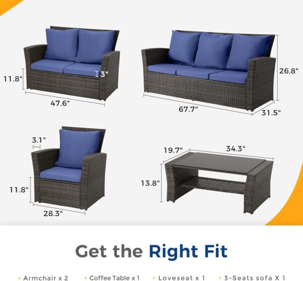 82ed3caaff2d48bfb55167dc744289f0 Wisteria Lane 4 Piece Outdoor Patio Furniture Sets, Wicker Conversation Set for Porch Deck, Grey Rattan Sofa Chair with Cushion (Blue
