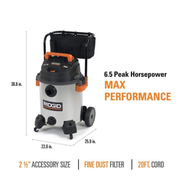 830cc3f4ca354f5f85f717fe310d6cac 16 Gallon 6.5 Peak HP Stainless Steel Wet/Dry Shop Vacuum with Fine Dust Filter, Locking Hose and Accessories WD1956