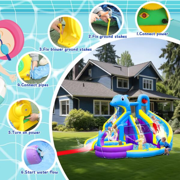 831ecd4d01894b5197ae8f46d7690411 11-in-1 Inflatable Water Slide & Dolphin Bounce House w/2 Long Slides, 19.7 Ft x 13.1 Ft Extra Large Waterslide Climbing Wall w/Small Deeper Pool,Water Cannons,Hoop for Kids Backyard,550W Blower