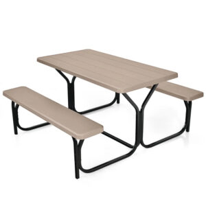YYAo Dining Chair, Weatherproof Garden Bench, Loveseat, HDPE Outdoor Picnic Table Bench Set with Metal Base-Coffee