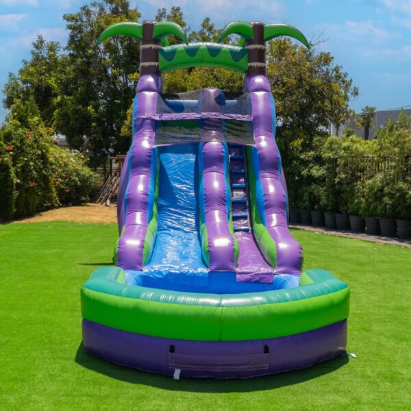 83c4dc60d82e4ac7aa2b04f6b7f2c4cb 16' Purple Tropical Lightweight Premium Commercial Grade Water Slide Inflatable with Attached Pool for Kids and Adults (with Blower), Wet Dry Use, Summer Fun