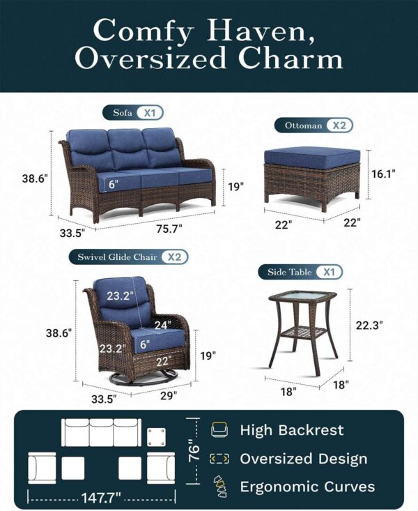 8643521e09b844338df4b2553d9e9862 Outdoor Swivel Rocker Patio Chairs with 6-Inch Thick Cushions and Side Table, 3PCS High Back Wicker Patio Furniture Set for Porch, Balcony, Deck and Yard in Blue