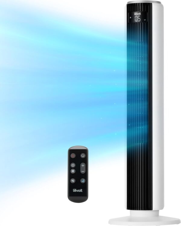 86677ed376c04708a0fd5a1a5852840f LEVOIT Tower Fan for Bedroom, Standing Fan that Blows Cold Air for Home, 28dB Quiet for Sleep, Remote, 90° Oscillation, 12H Timer, 25ft/s Velocity, 5 Speeds, 4 Modes, Bladeless 36 inch, White