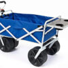 All Terrain Beach Wagon with Side Table|Heavy Duty Collapsible Folding Cart with Large Wheels for Beach Day, Picnic, Camping, Outdoor Activities | Blue/White
