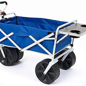 All Terrain Beach Wagon with Side Table|Heavy Duty Collapsible Folding Cart with Large Wheels for Beach Day, Picnic, Camping, Outdoor Activities | Blue/White