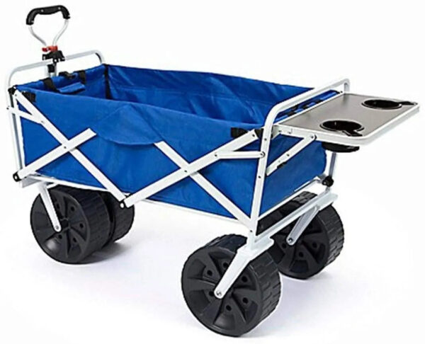 867d47b0c53b4fd6bf4c3d8c6c23f1af All Terrain Beach Wagon with Side Table|Heavy Duty Collapsible Folding Cart with Large Wheels for Beach Day, Picnic, Camping, Outdoor Activities | Blue/White
