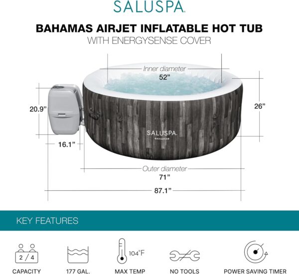 870cc8e07b04410ab8df383d839f1af1 Bestway SaluSpa Fiji AirJet Large Round 2 to 4 Person Inflatable Hot Tub Portable Outdoor Spa with 120 AirJets and EnergySense Cover, Grey