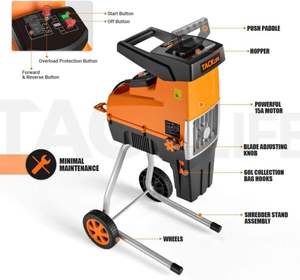 Wood Chipper, 15-Amp Garden Shredder, 60L Collection Bag - Tkws01a