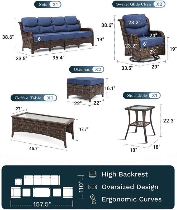 876ab7b986cc4e7295b4ae3b016754f6 Outdoor Swivel Rocker Patio Chairs with 6-Inch Thick Cushions and Side Table, 3PCS High Back Wicker Patio Furniture Set for Porch, Balcony, Deck and Yard in Blue