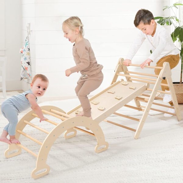 87e67e2c98ba42a8b2a32870a6ffab2f 5 in 1 Pikler Triangle Set, Baby Climbing Toy Indoor Playground, Kids Jungle Gym