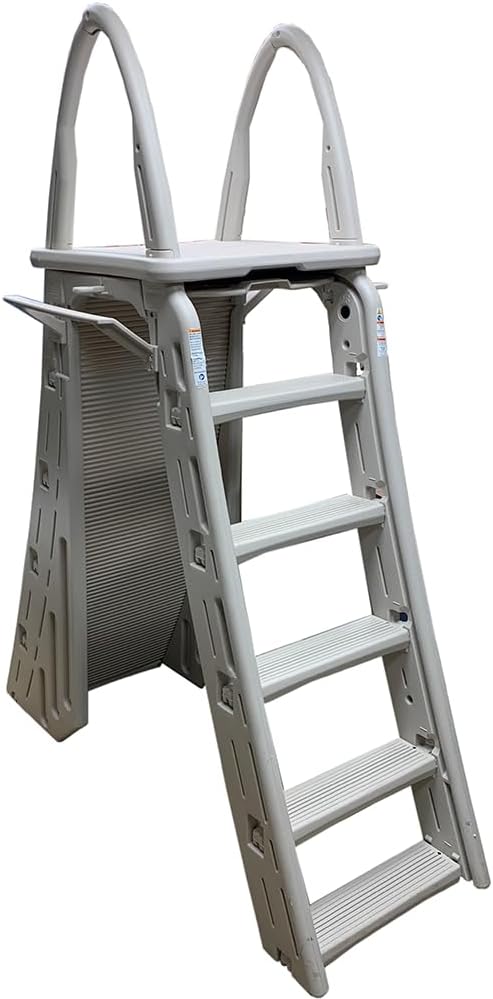 89044b68baf9400cb1aea308f41029f0 Confer Plastics 7200 Roll Guard 48" to 56" Adjustable A Frame Safety Ladder for Above Ground Outdoor Patio Swimming Pool Platform Ladder with Step Barrier, Warm Grey…