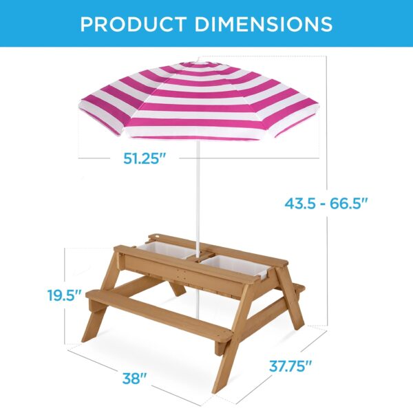 Best Choice Products Kids 3-in-1 Outdoor Convertible Activity Sand & Water Picnic Table w/ Umbrella - Natural/Dark Pink