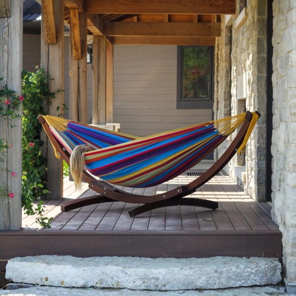 8aa4dd3c23b240dc990953c9d2a00e7d Vivere Double Cotton Hammock with Solid Pine Stand- Tropical
